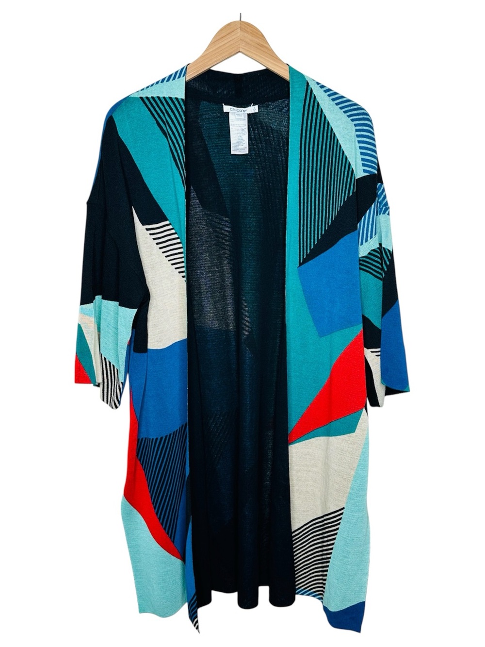 Chico's Teal Geometric Open-Front Cardigan Kimono Topper Size XL Artsy Lagenlook